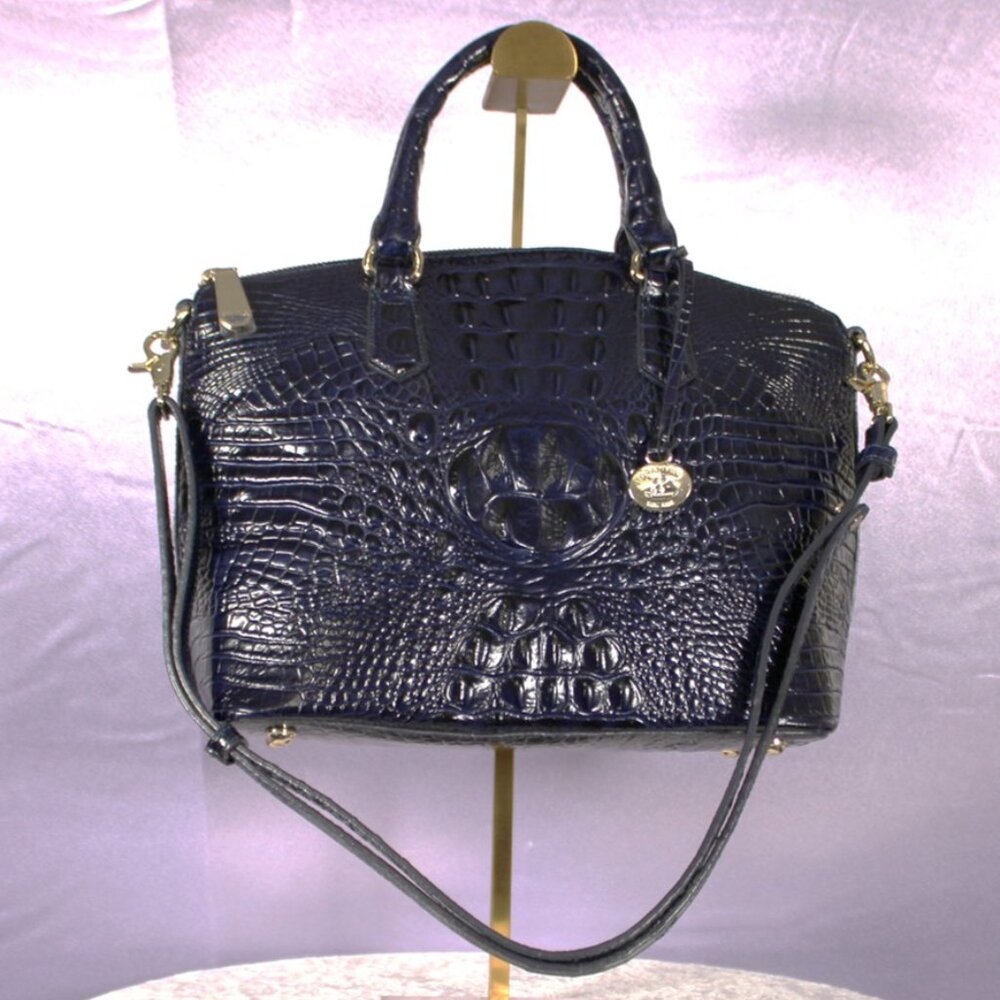 Brahmin Croc Embossed Leather Satchel Navy Melbourne Dome Bag w/ Strap & Dust Ba - Picture 5 of 16